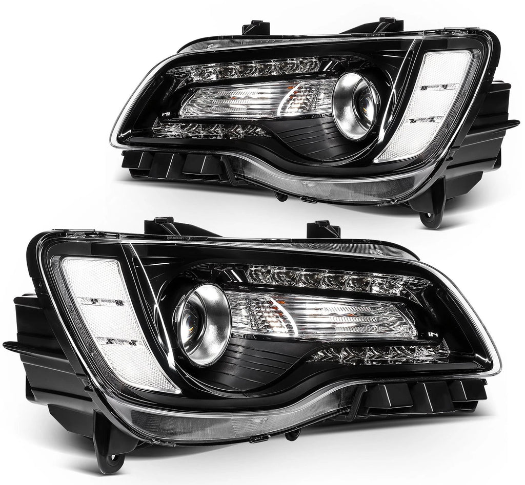 Set of 2 Black Halogen Headlights for Chrysler 300 (2015–2023)