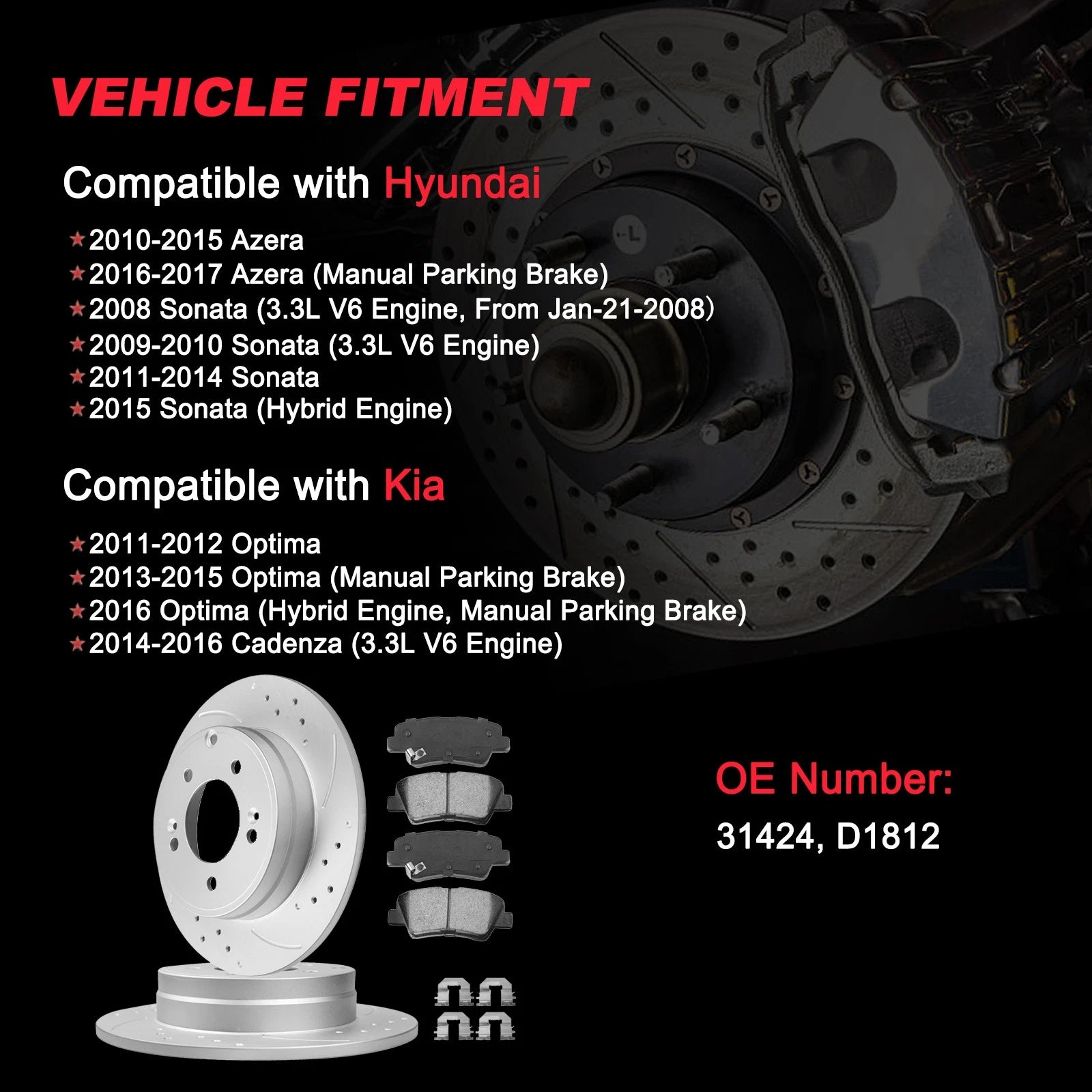 Rear Disc Rotors & Ceramic Brake Pads for Hyundai Sonata (2012–2017) & Kia Optima (2012–2017)