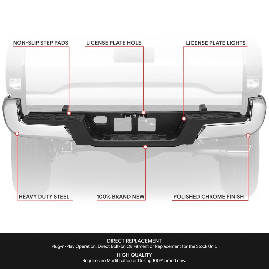 Chrome Steel Rear Bumper for Toyota Tacoma (2016–2023)