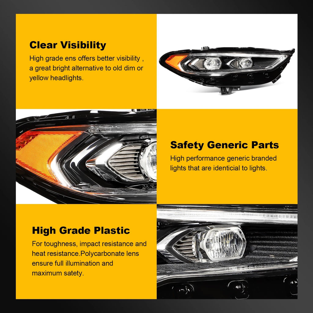 Right Passenger Side Full LED Black Amber Headlight for Ford Fusion (2017–2020)