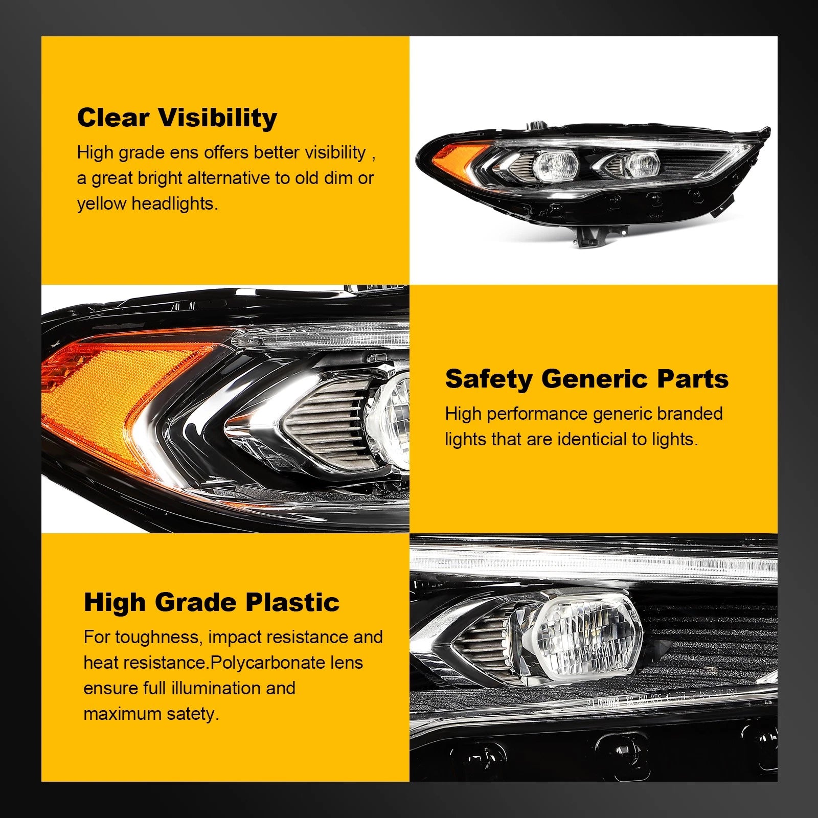 Right Passenger Side Full LED Black Amber Headlight for Ford Fusion (2017–2020)