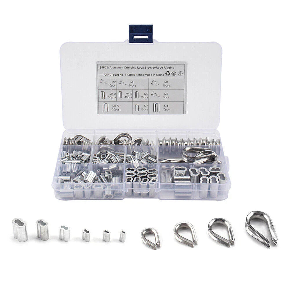 195Pcs M2/3/4/5 Thimble & 6-Size Aluminum Crimping Loop Sleeves