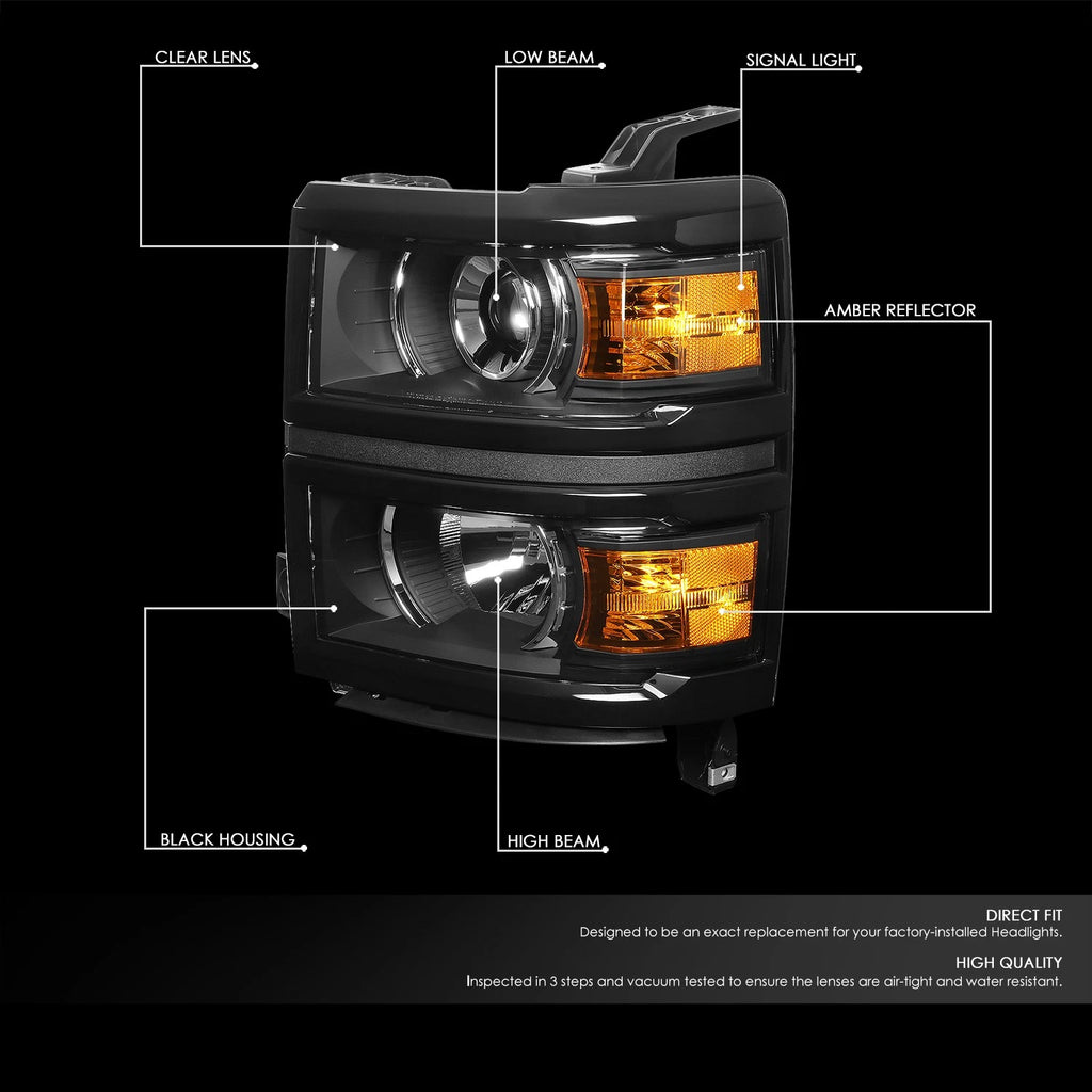 Black Projector Headlight + Amber Corner + LED Fog Light Set for Silverado (2014–2015)