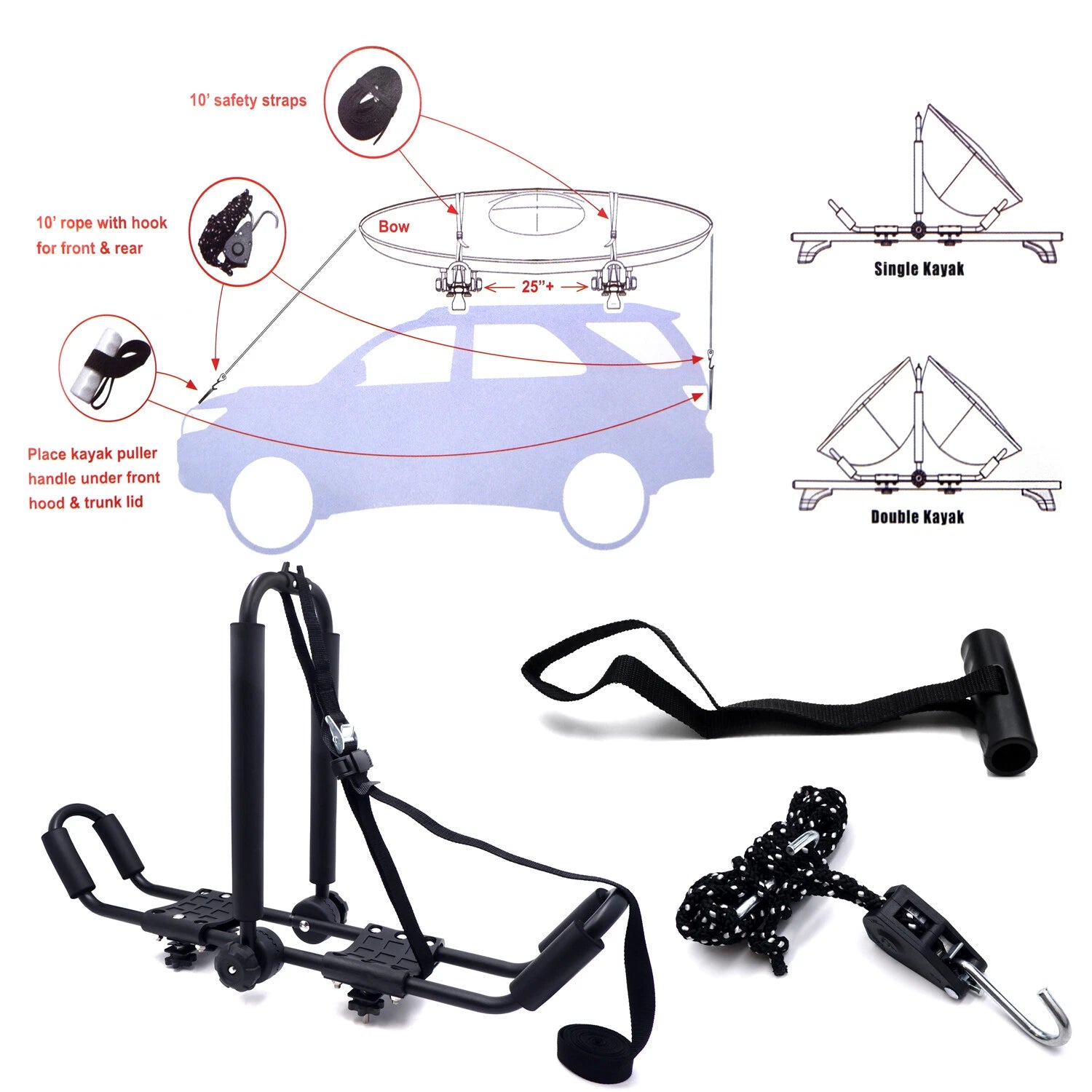 1 Pair Universal Roof W-Bar Rack for Kayak Boat Canoe Carrier