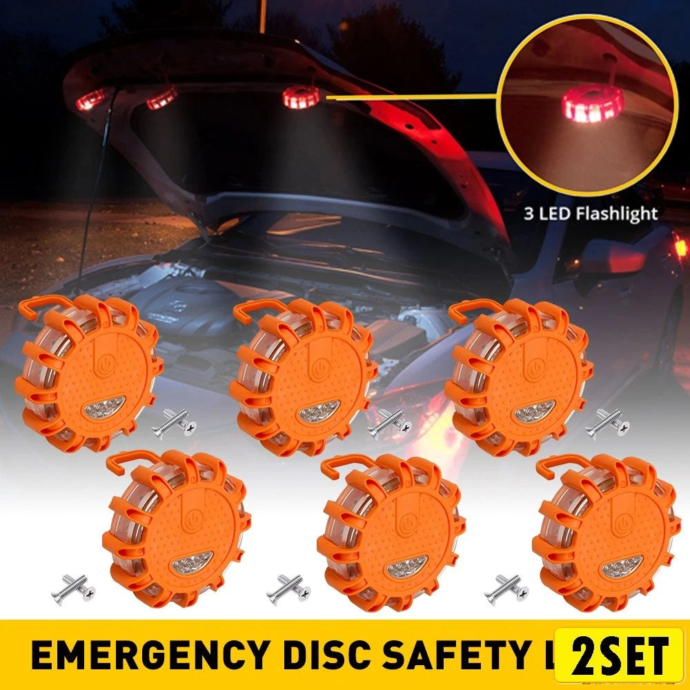 Set of 6 LED Road Flares Emergency Disc Safety Light for Roadside Use