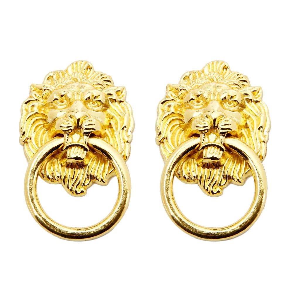2Pcs Antique Golden Lion Head Door Pull Handle for Cabinet Drawer