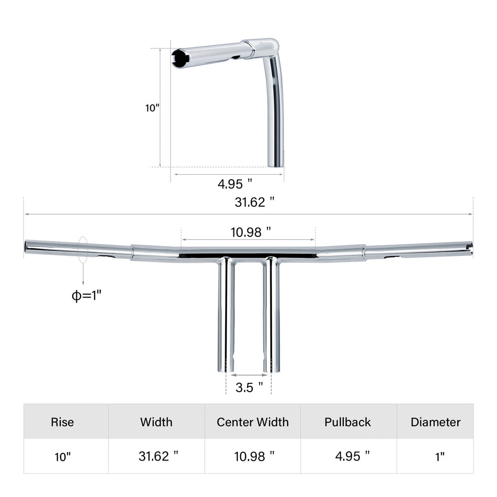 10" T-Bar Handle Bar for Harley Softail Dyna Sportster XL 883 XL1200 (Chrome)
