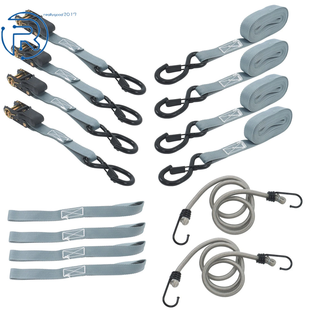 Set of 4 Heavy Duty 1" × 15' Ratchet Tie Down Straps with S Hook