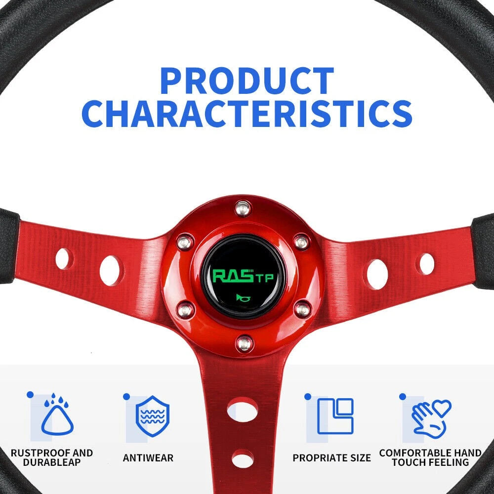 345mm Deep Dished Red Racing Steering Wheel with Quick Release Adapter Kit