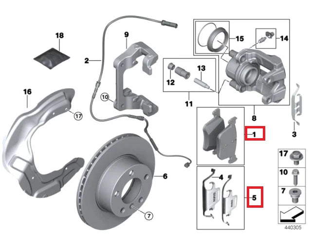 Set of 4 Rear Disc Brake Pads and Retaining Clips for BMW (2010–2019)