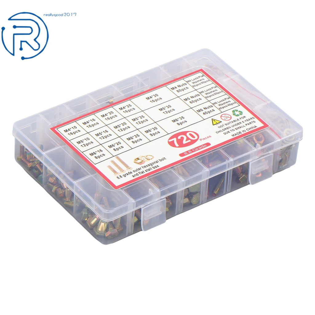 Set of 720 Hexagon Bolts, Nuts, and Washers for Automotive Use
