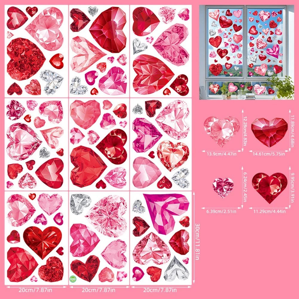 9 Sheets Romantic Window Stickers Red Hearts for Valentine's Day Decor