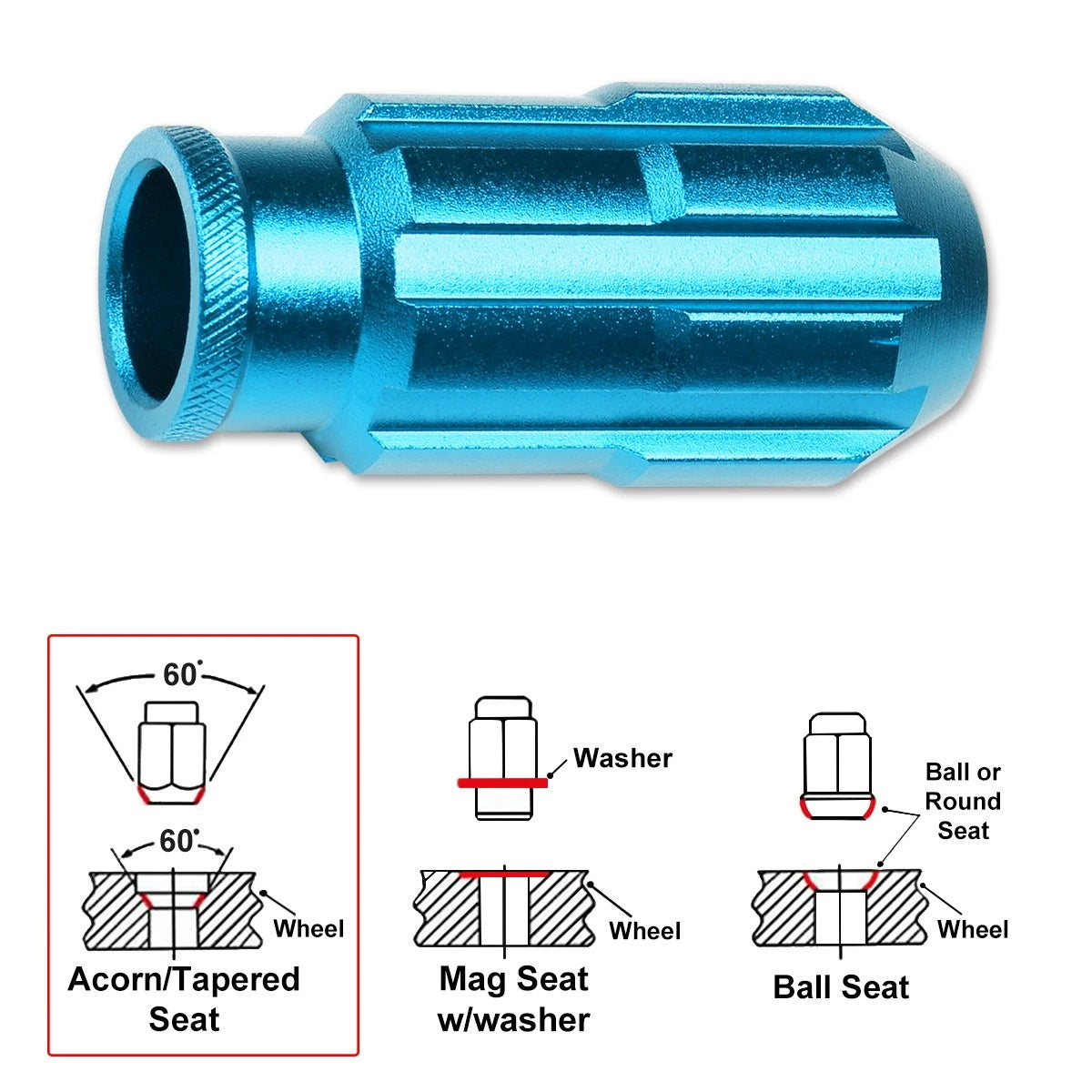 20Pc M12X1.25 Sky Blue JDM Open End Bulge Spline Lug Nuts for Universal
