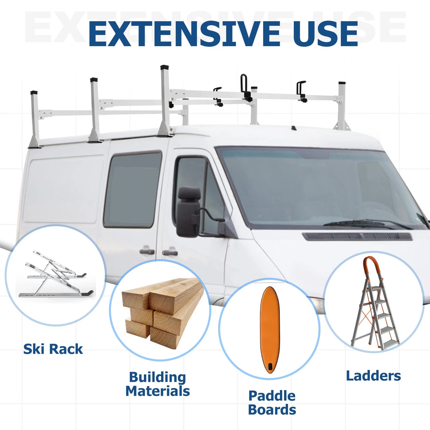 3X White Ladder Roof Rack Bars for Dodge Freightliner Sprinter 2500/3500 (2002–2006)