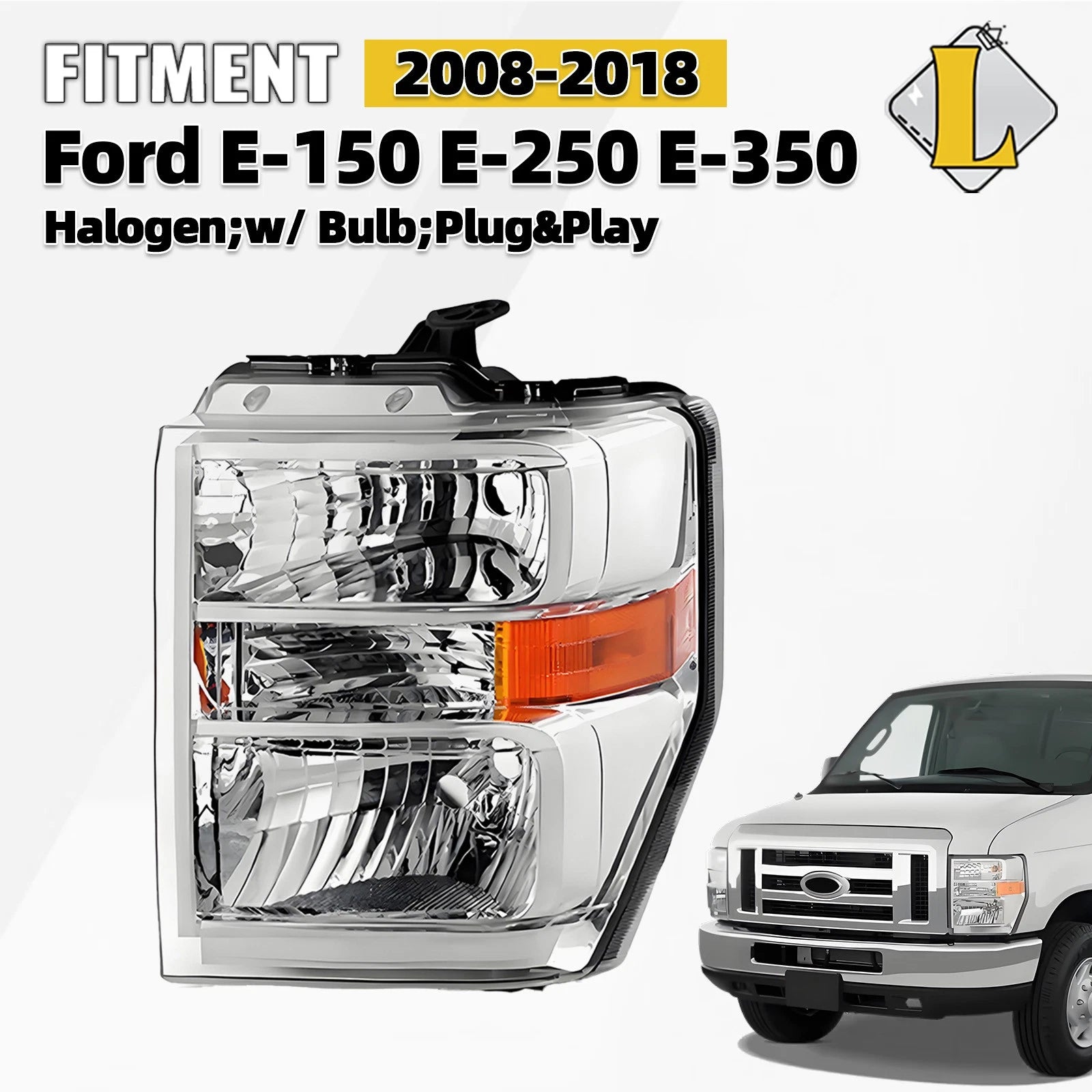 Halogen Headlight with Bulb for Ford E-150 E-250 E-350 Super Duty (2008–2026)
