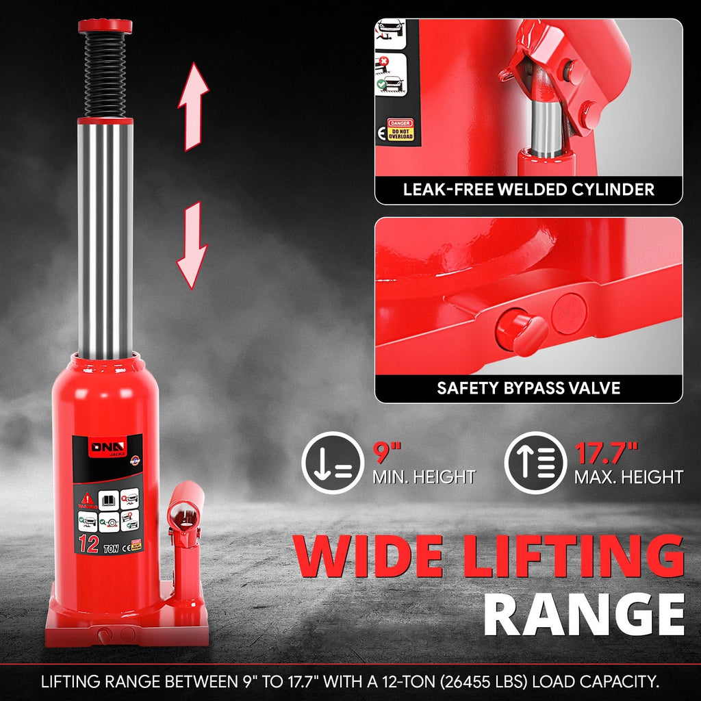 17.3" Red Hydraulic Bottle Jack for Automotive Repair (12 Tons)
