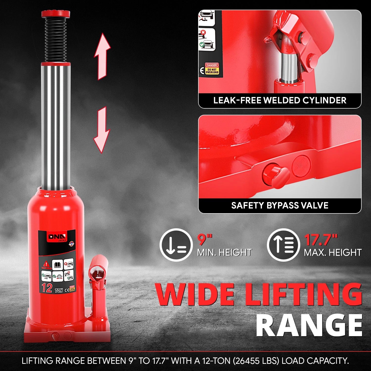17.3" Red Hydraulic Bottle Jack for Automotive Repair (12 Tons)