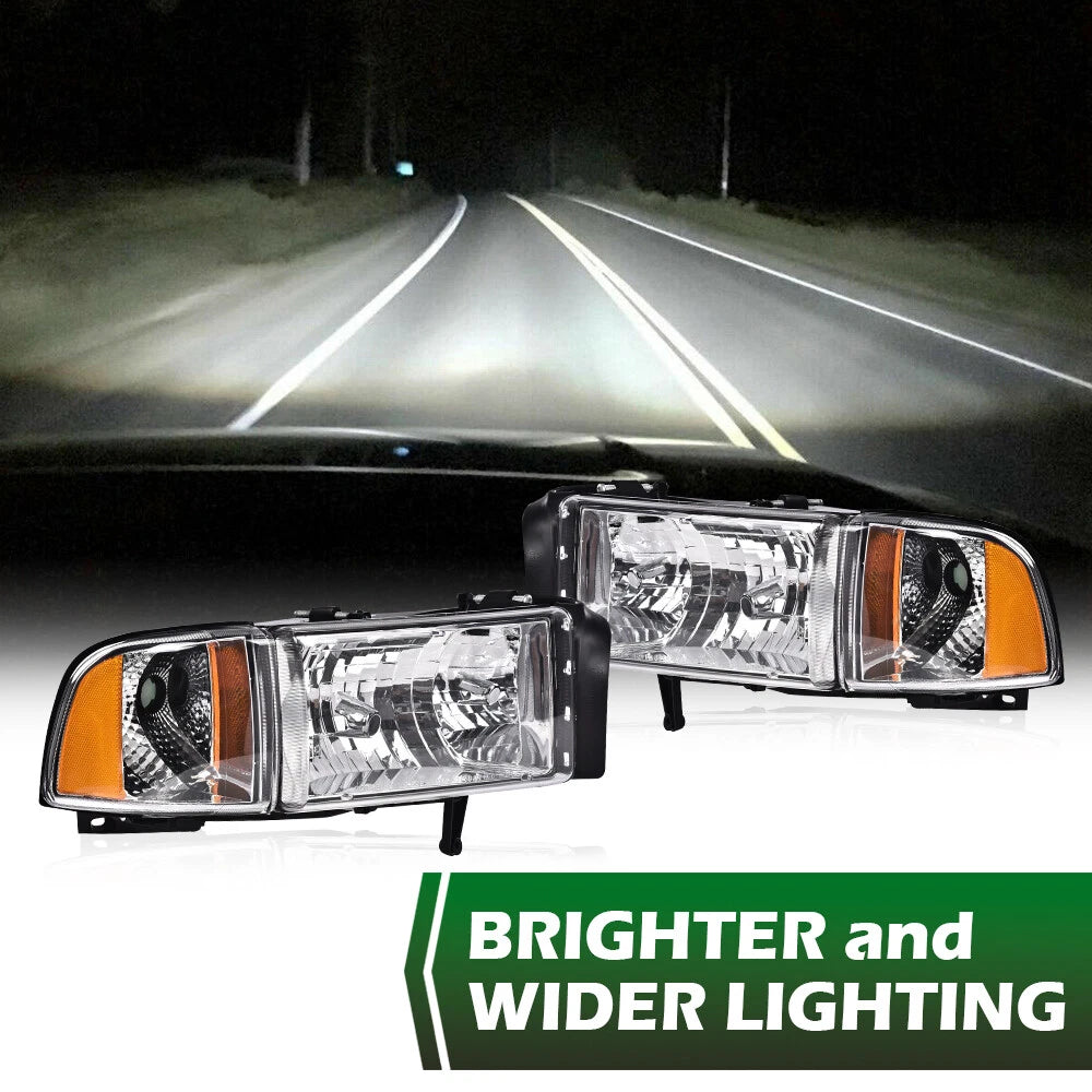 Chrome Amber Corner Headlight Assembly for Dodge Ram 1500 2500 3500 (1994–2002)