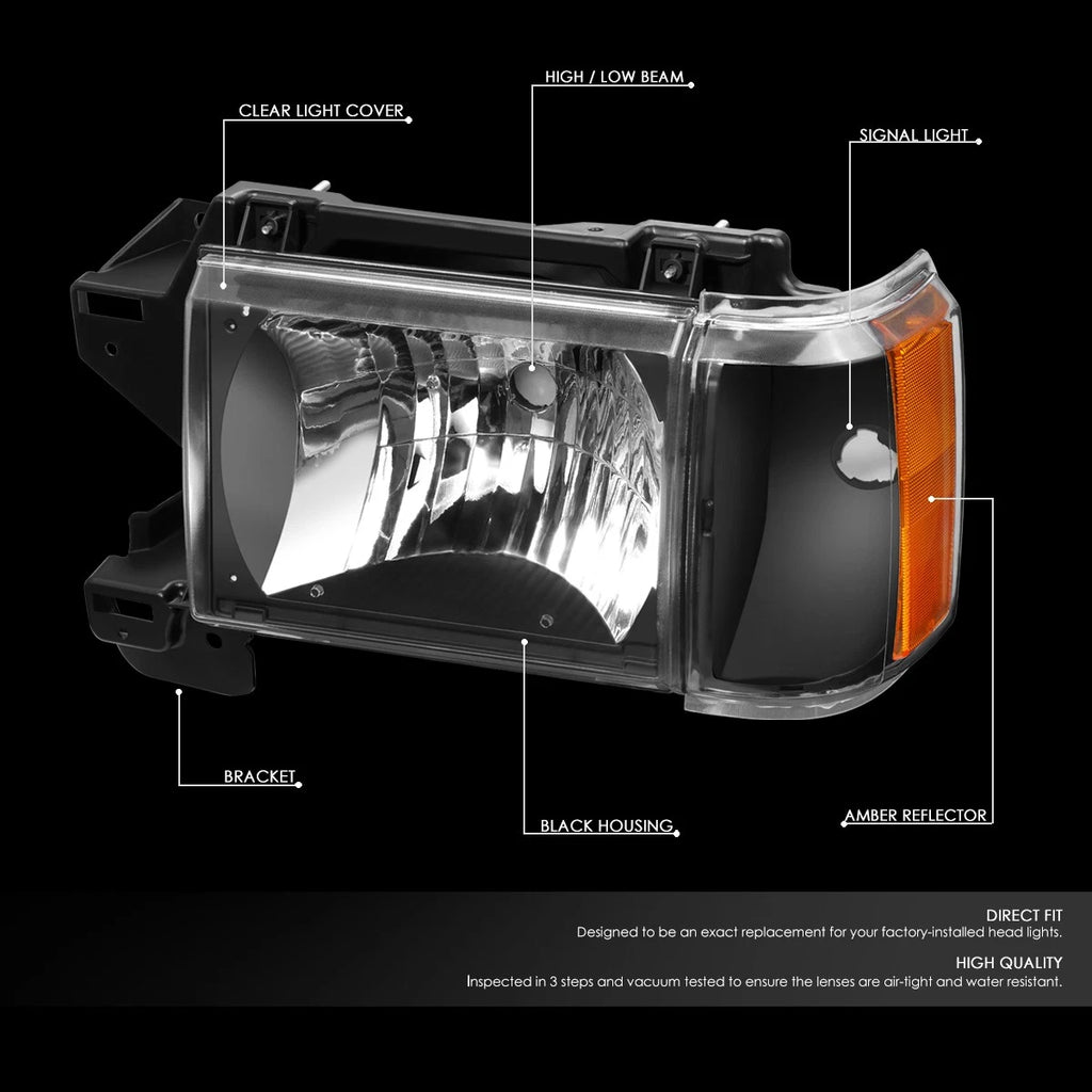 Set of 2 Black/Amber Signal Headlights for Ford F150 F250 F350 Bronco (1987–1991)
