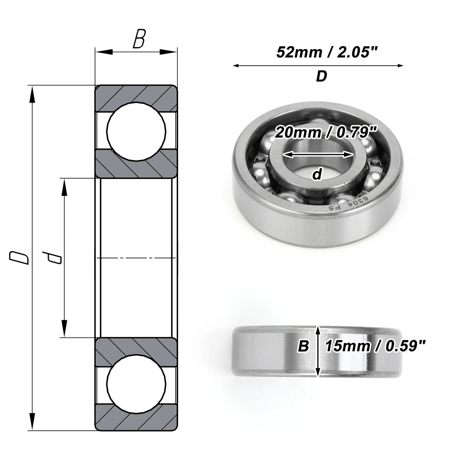 Deep Groove Ball Bearing 6304 for Scooter Skateboard Wheel (20x52x15mm)