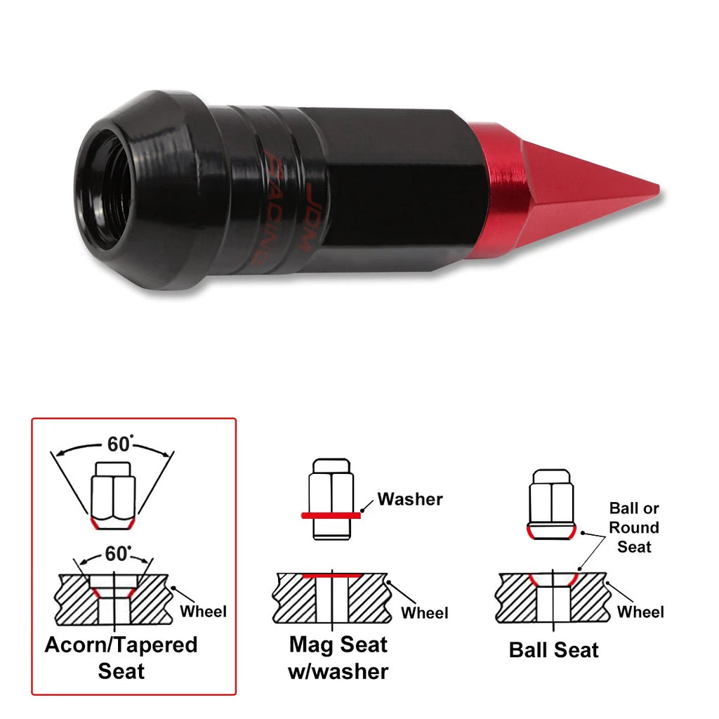 20Pc M12X1.5 Red JDM Cone Wheel Lug Nuts + Spline Locks + Spiked Caps