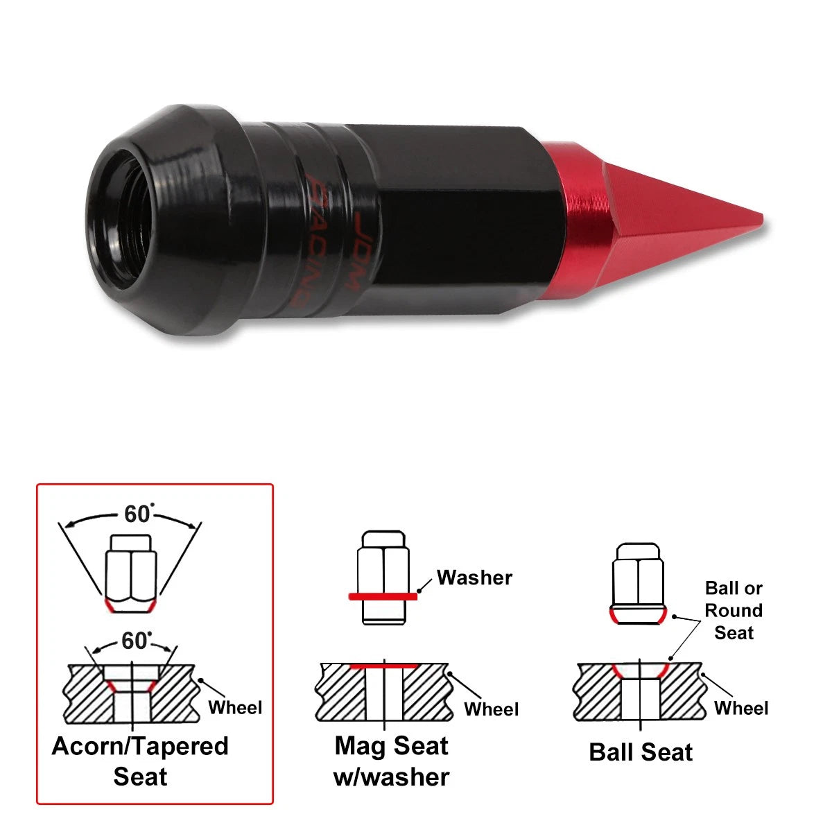 20Pc M12X1.5 Red JDM Cone Wheel Lug Nuts + Spline Locks + Spiked Caps