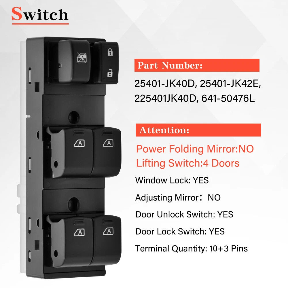 Front Left Master Power Window Switch for Infiniti G25 G35 G37 (2007–2013) 25401-JK42E