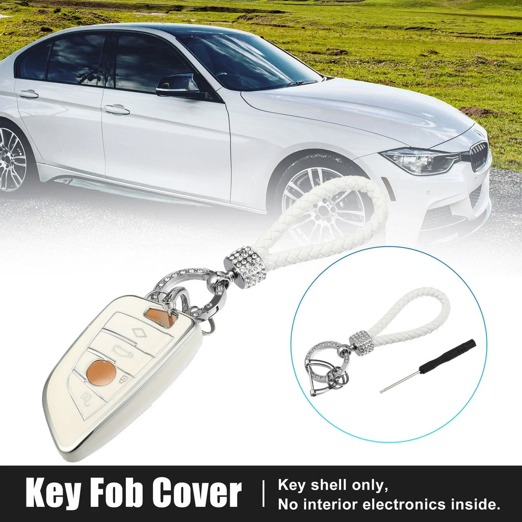 4-Button Key Fob Case for BMW Keyless Entry with Chain White