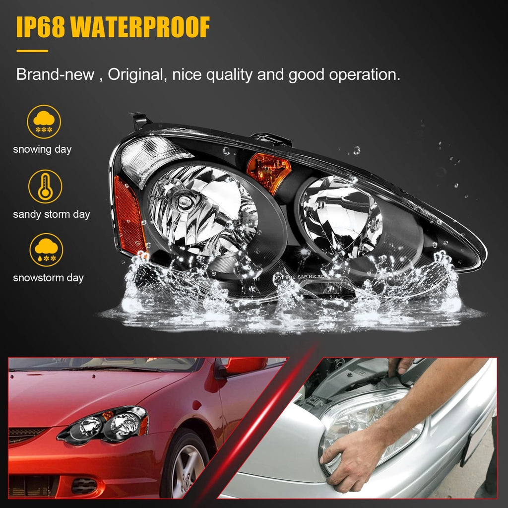 Headlight Assembly for Acura RSX (2002–2004) Black Amber Left+Right Pair