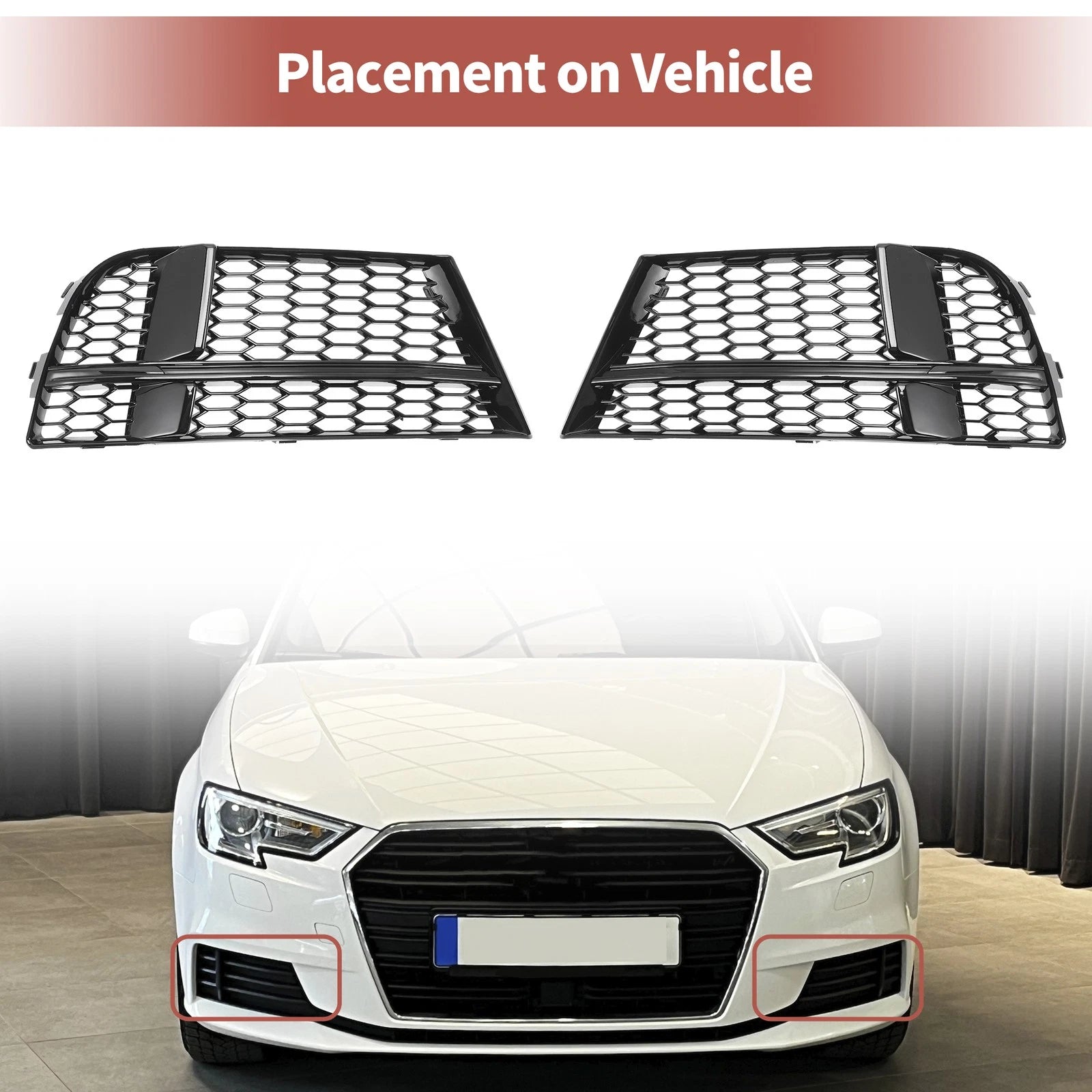 1 Pair Front Fog Light Grill for Audi A3 (2017–2020) No. 8V3807681ABESM Honeycomb