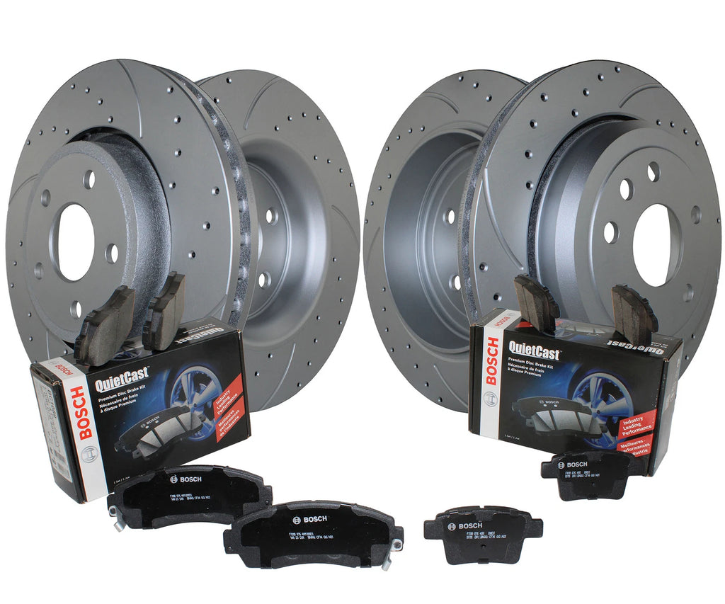 Front and Rear Brake Kit with Drilled Disc Rotors & Bosch Ceramic Pads for Dodge Jeep