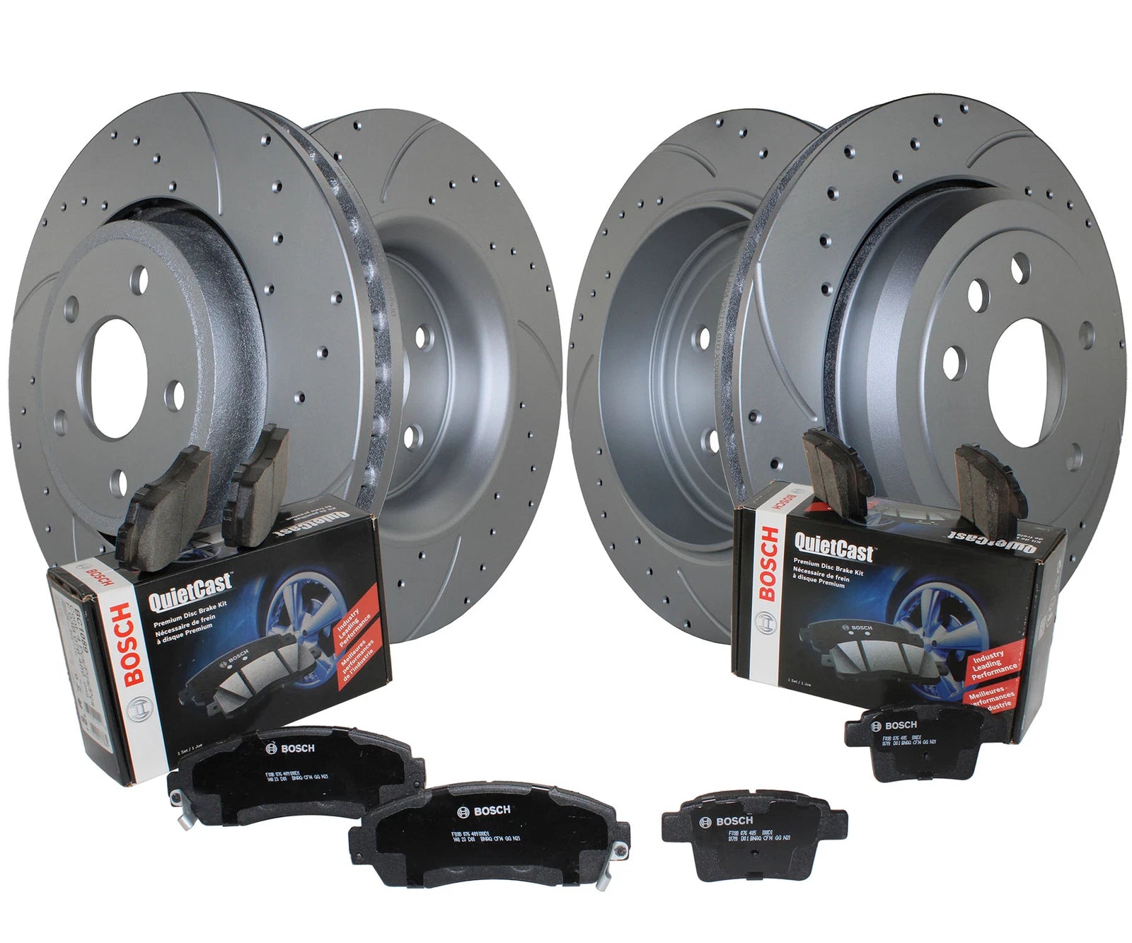 Front and Rear Brake Kit with Drilled Disc Rotors & Bosch Ceramic Pads for Dodge Jeep
