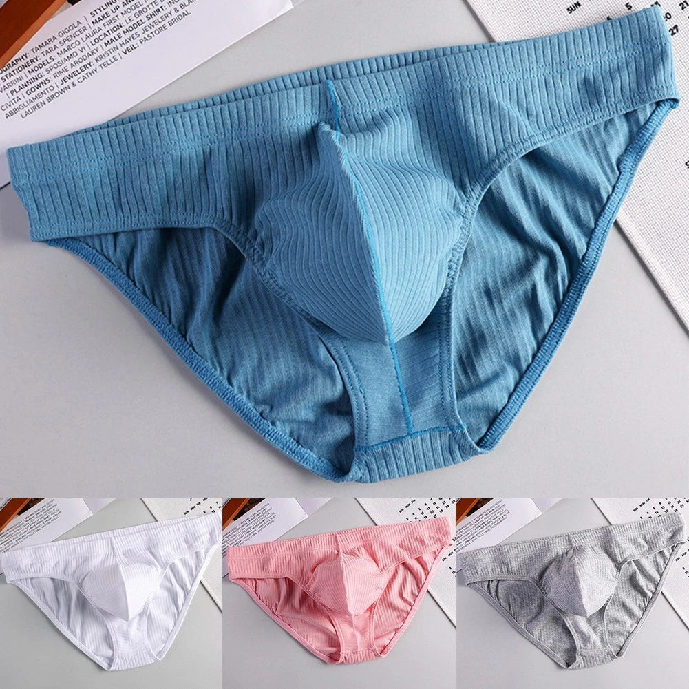 Breathable Cotton Briefs for Men (Low Waist, Sexy Pouch) - Blue, Grey, Pink