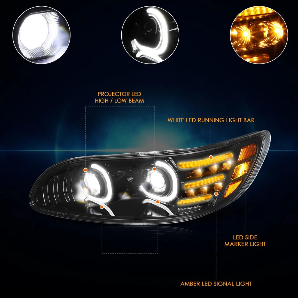 Dual C-Shape LED DRL Projector Headlights for Peterbilt Class 5 6 7 8 (1999–2020)