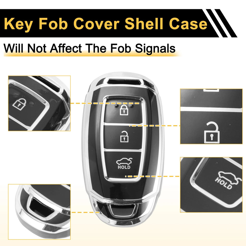TPU Silicone Car Key Case for Hyundai i10 (2010–2023) - Black/Silver Edge
