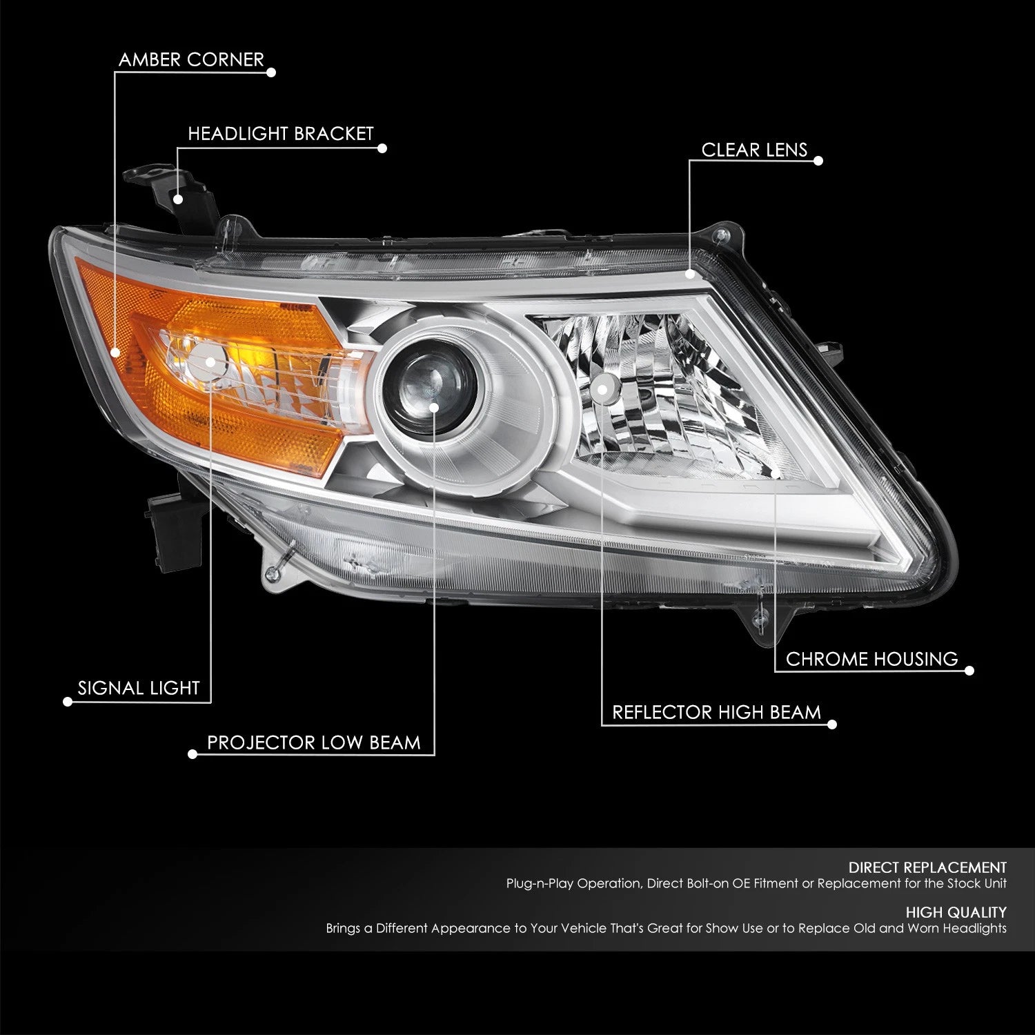 Right Side Projector Headlight Lamp Chrome for Honda Odyssey (2011–2013)