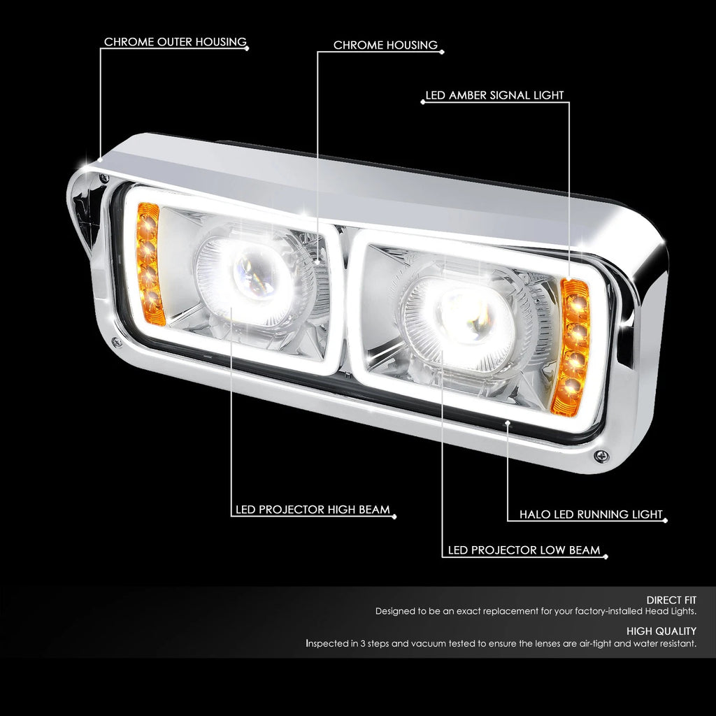 Chrome Full LED DRL Signal Projector Headlights for Freightliner Kenworth (1981–2019)