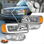 LED DRL Headlight Set for Yukon XL/Sierra Denali (2000–2006) w/ Bumper Lamps Chrome/Amber