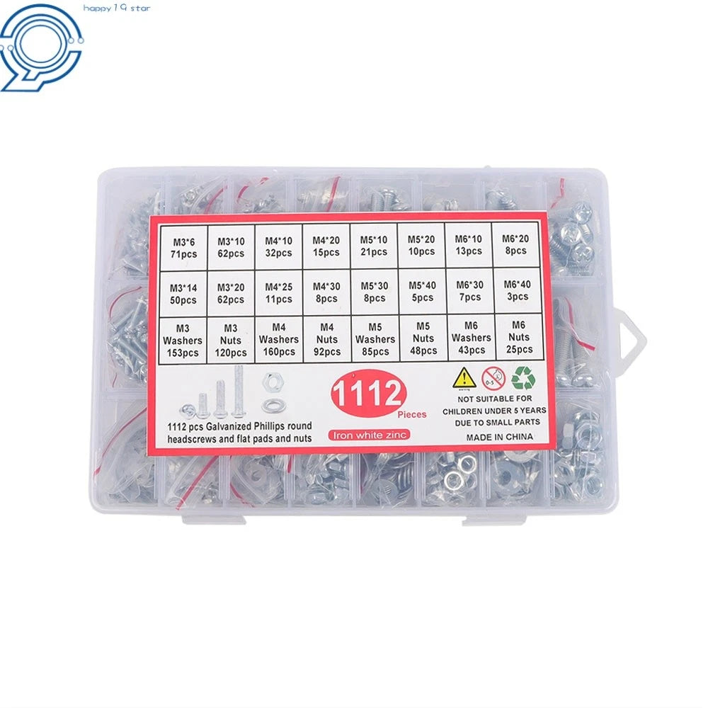 Set of 1112 Metric Machine Screws, Bolts, and Nuts Assortment Kit