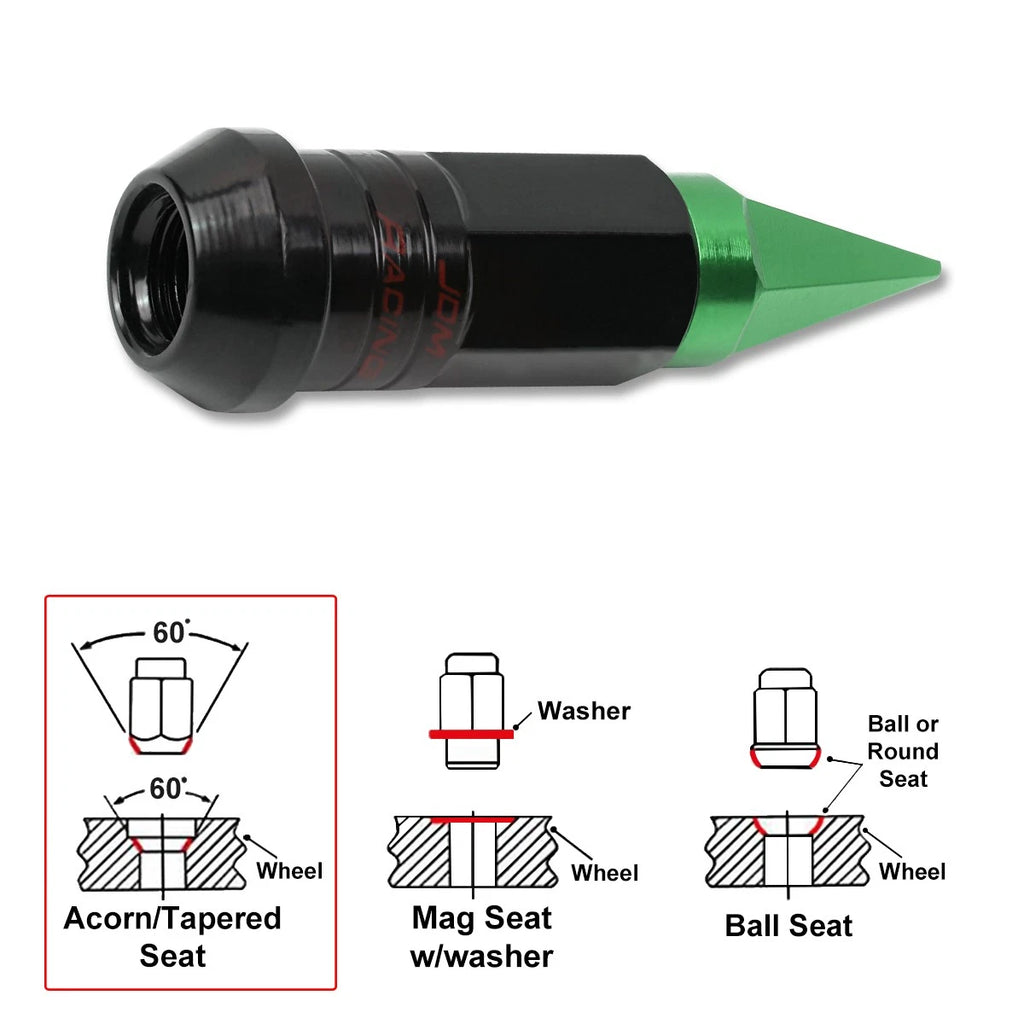 20Pc M12X1.5 Green JDM Cone Wheel Lug Nuts + Spline Lock + Spiked Cap