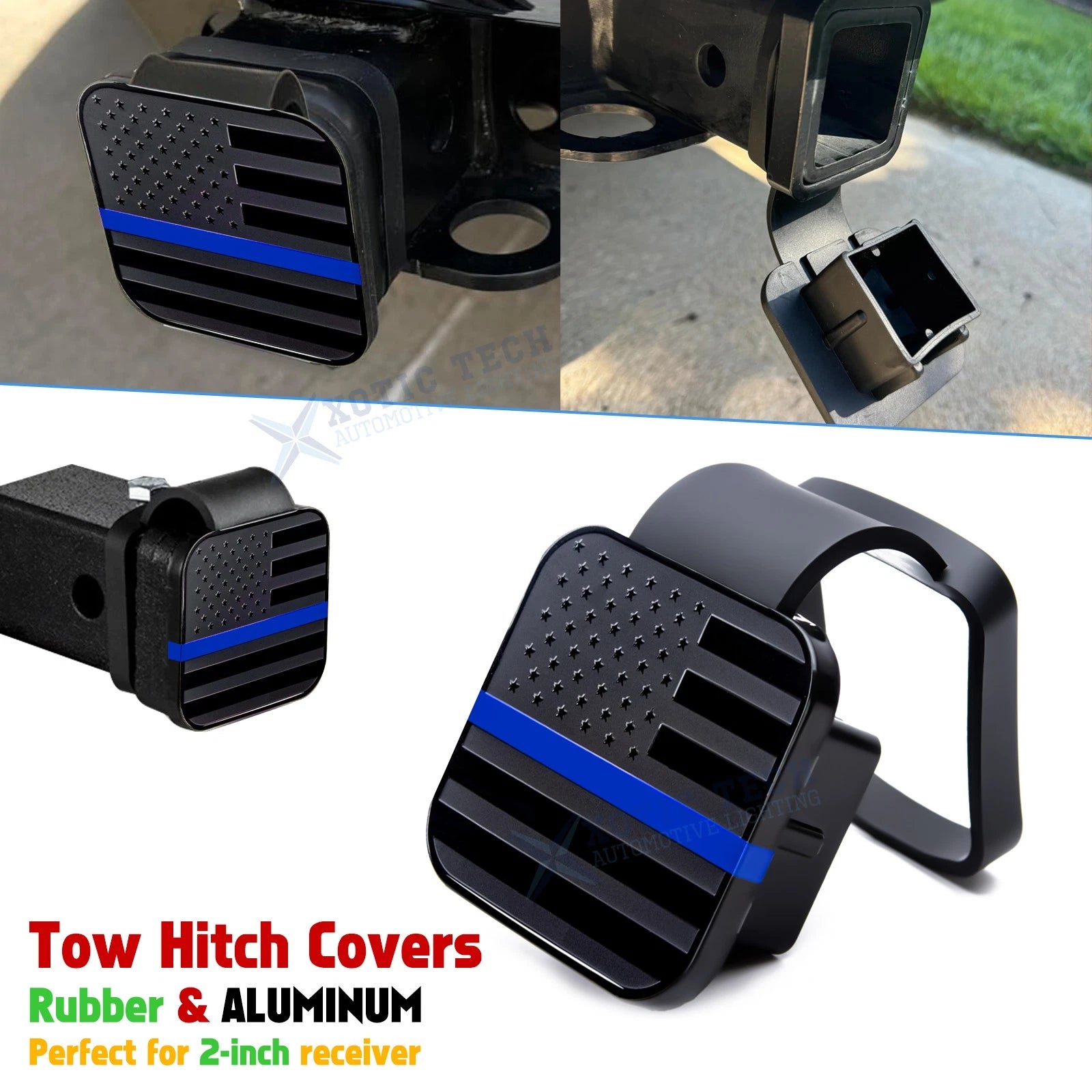 Universal Blue Line Flag Tow Hitch Covers for Tube Plug Insert Exterior (—)