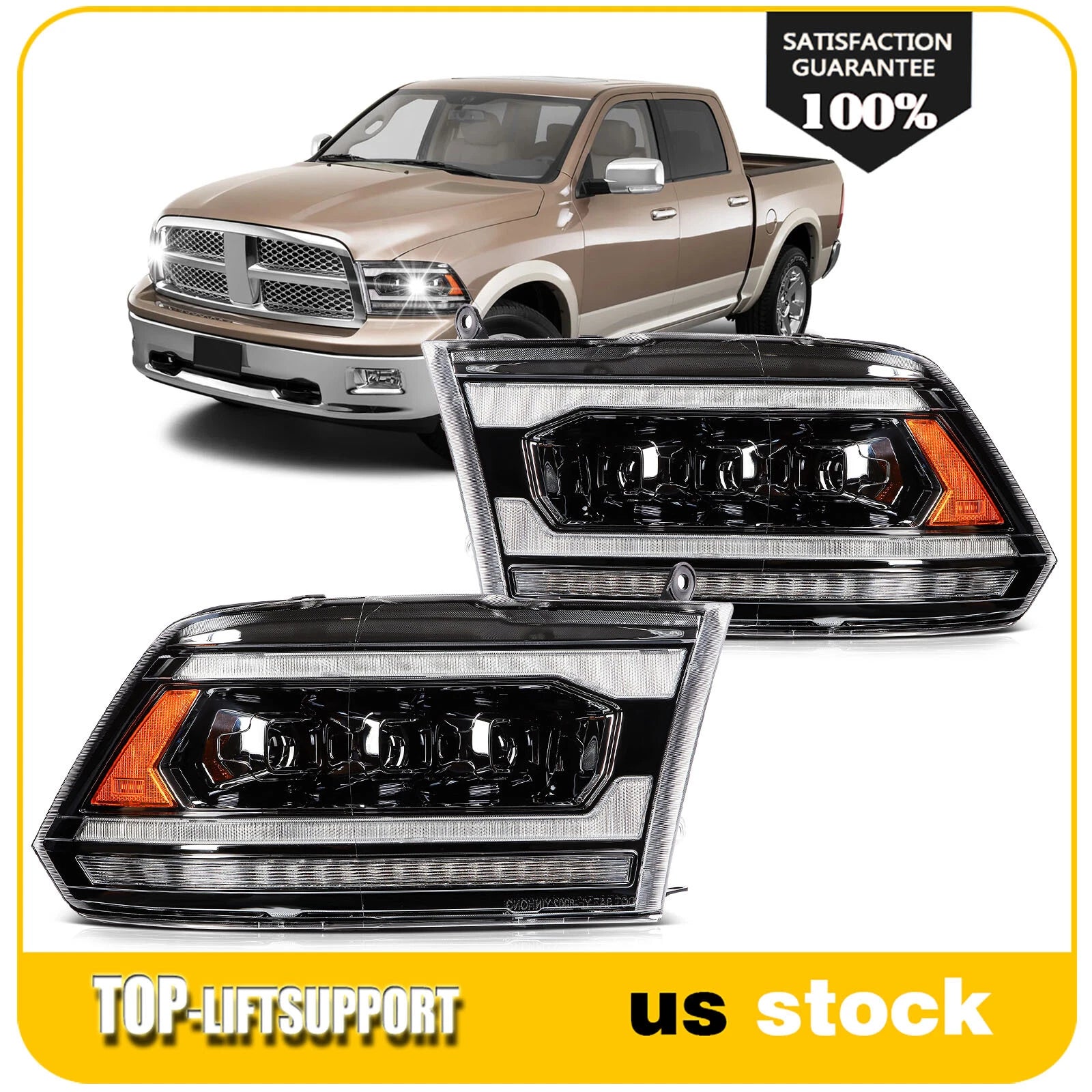 Pair LED Headlight Assembly for Dodge Ram 1500 2500 3500 (2009–2018)
