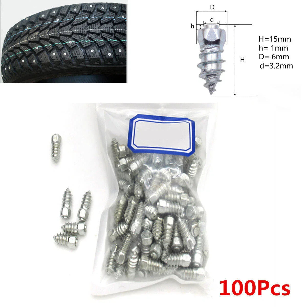 15mm Tire Studs 100x for Universal Snow Chains & Spikes