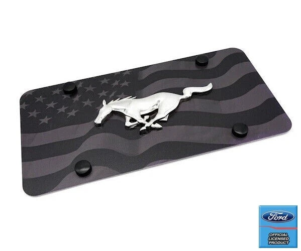 License Plate Frame Premium Black Wave American Flag for Ford Mustang (2015–2024)
