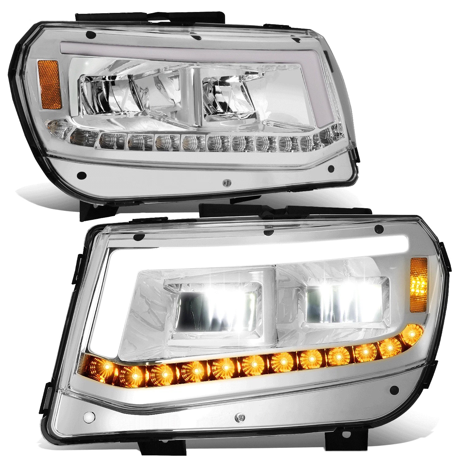 Chrome Housing LED DRL + Sequential Signal Headlight Lamps for Chevy Camaro (2014–2015)