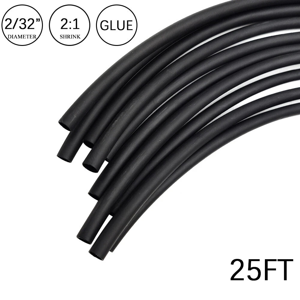 2:1 Heat Shrink Tubing 2/32" 25FT Black Waterproof Dual Wall Wires Wrap