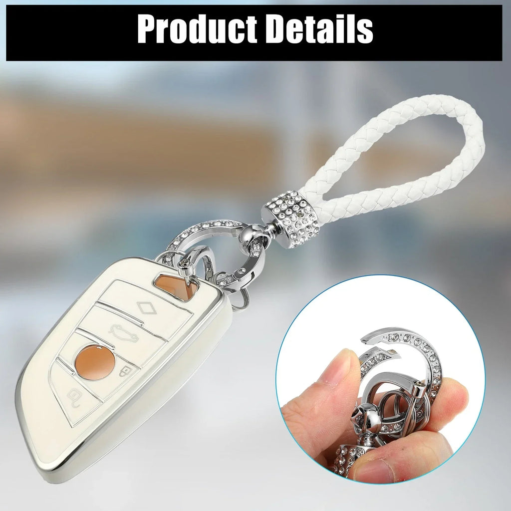 4-Button Key Fob Case for BMW Keyless Entry with Chain White