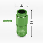20Pc M12X1.25 Green JDM Open End Cone Wheel Lug Nuts + Spline Locks + Key