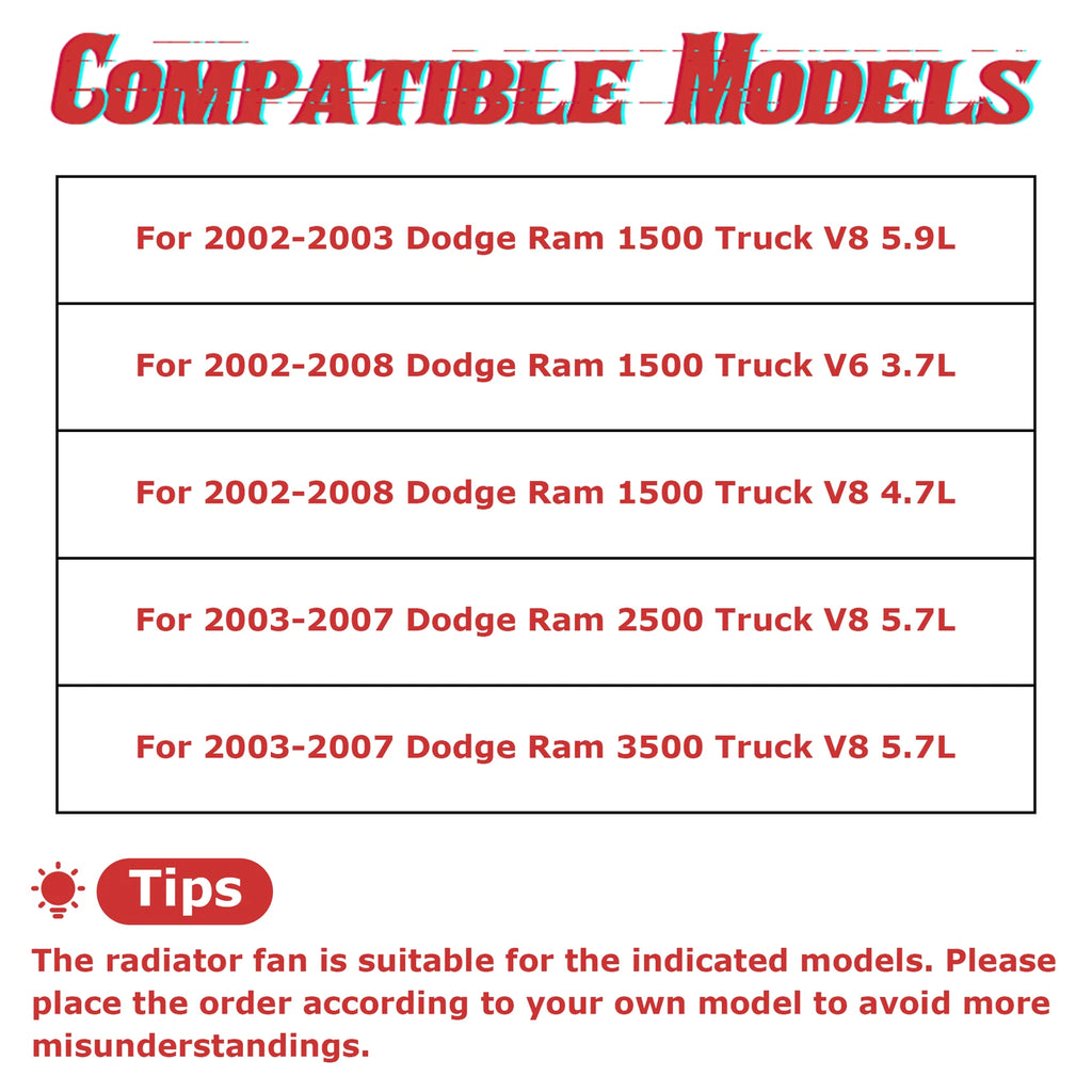 Cooling Fan for Dodge Ram 1500 2500 3500 (2002-2008)