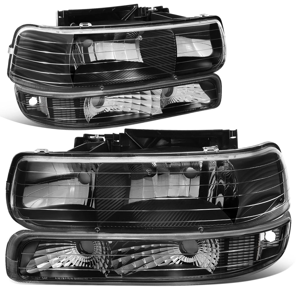 Set of 2 Black Headlights + Clear Bumper + 3D Chrome Smoke LED Tail Light for Silverado (1999–2002)